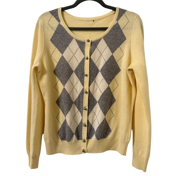 Talbots Sweaters - Talbots Sweater M Butter Yellow Argyle Pearl Button Lambswool Academia Preppy